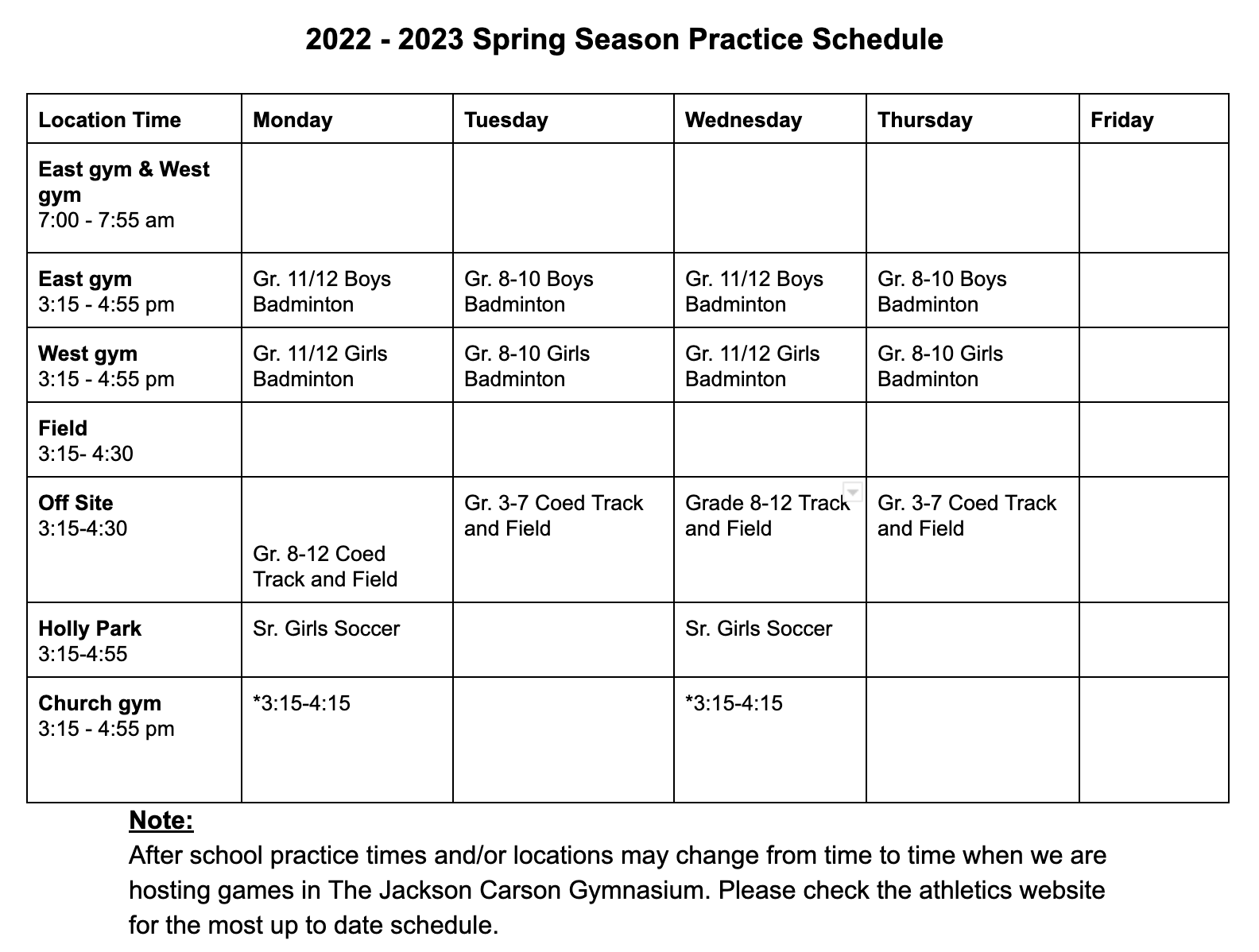 2022 2023 Spring Season Schedule